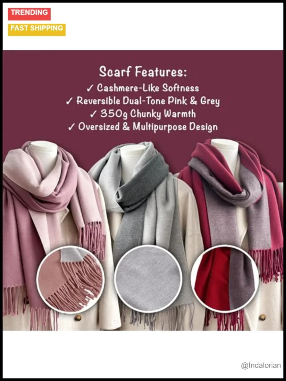 Reversible Winter Scarf Cashmere-Like Softness Warm Wrap Shawl